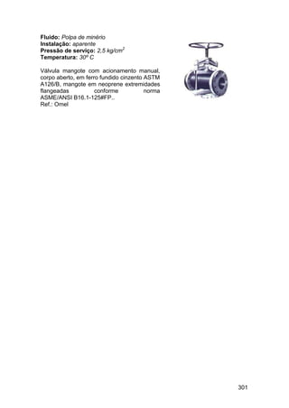 301
Fluido: Polpa de minério
Instalação: aparente
Pressão de serviço: 2,5 kg/cm2
Temperatura: 30º C
Válvula mangote com acionamento manual,
corpo aberto, em ferro fundido cinzento ASTM
A126/B, mangote em neoprene extremidades
flangeadas conforme norma
ASME/ANSI B16.1-125#FP..
Ref.: Omel
 