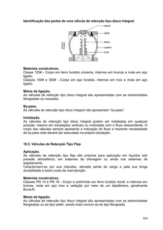 309
Identificação das partes de uma válvula de retenção tipo disco integral:
Materiais construtivos.
Classe 125# - Corpo em ferro fundido cinzento, internos em bronze e mola em aço
ligado.
Classes 150# e 300# - Corpo em aço fundido, internos em inox e mola em aço
ligado.
Meios de ligação.
As válvulas de retenção tipo disco integral são apresentadas com as extremidades
flangeadas ou roscadas.
By-pass.
As válvulas de retenção tipo disco integral não apresentam “by-pass”.
Instalação.
As válvulas de retenção tipo disco integral podem ser instaladas em qualquer
posição, mesmo em tubulações verticais ou inclinadas com o fluxo descendente. O
corpo das válvulas sempre apresenta a indicação do fluxo e havendo necessidade
de by-pass este deverá ser executado na própria tubulação.
10.5. Válvulas de Retenção Tipo Flap
Aplicação.
As válvulas de retenção tipo flap são próprias para aplicação em líquidos sob
pressão atmosférica, em sistemas de drenagem ou ainda nos sistemas de
esgotamento.
Caracterizam-se por sua robustez, elevada perda de carga e pela sua longa
durabilidade e baixo custo de manutenção.
Materiais construtivos.
Classes PN 10 e PN 16 - Corpo e portinhola em ferro fundido dúctil, e internos em
bronze, mola em aço inox e vedação por meio de um elastômero, geralmente
Buna-N.
Meios de ligação.
As válvulas de retenção tipo disco integral são apresentadas com as extremidades
flangeadas ou do tipo wafer, sendo mais comum as do tipo flangeada.
 