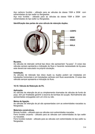 314
Aço carbono fundido - utilizado para as válvulas da classe 150# e 300# com
extremidades do tipo wafer ou flangeadas.
Aço inox fundido - utilizado para as válvulas da classe 150# e 300# com
extremidades do tipo wafer ou flangeadas.
Identificação das partes de uma válvula de retenção duplex.
By-pass.
As válvulas de retenção vertical tipo disco não apresentam “by-pass”. O corpo das
válvulas sempre apresenta a indicação do fluxo e havendo necessidade de by-pass
este deverá ser executado na própria tubulação.
Instalação.
As válvulas de retenção tipo disco duplo ou duplex podem ser instaladas em
tubulações horizontais e em tubulações verticais com fluxo ascendente. O corpo das
válvulas sempre apresenta a indicação do fluxo.
10.10. Válvula de Retenção de Pé.
Aplicação.
As válvulas de retenção de pé ou simplesmente chamadas de válvulas de fundo de
poço, tem por finalidade garantir a escorva de bombas de sucção. Normalmente são
apresentadas conjugadas com um crivo ou ralo.
Meios de ligação.
As válvulas de retenção de pé são apresentadas com as extremidades roscadas ou
flangeadas.
Materiais construtivos.
Bronze fundido - utilizado para as válvulas com extremidades roscadas.
Ferro fundido cinzento - utilizado para as válvulas com extremidades do tipo wafer
ou roscadas.
Ferro fundido nodular - utilizado para as válvulas com extremidades do tipo wafer ou
flangeadas.
 