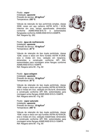 316
Fluido: vapor
Instalação: aparente
Pressão de serviço: 40 kgf/cm2
Temperatura: 250 °C
Válvula de retenção do tipo portinhola simples, classe
300#, corpo em aço carbono ASTM A216 / WCB,
internos em inox, tampa aparafusada, dimensões
conforme ASME/ANSI B16.10 e extremidades
flangeadas conforme ASME/ANSI B16.5-300#FR.
Ref. Niagara fig. 282
Fluido: água de resfriamento
Instalação: aparente
Pressão de serviço: 10 kgf/cm2
Temperatura: 20 °C
Válvula de retenção do tipo dupla portinhola, classe
125#, corpo e disco em ferro fundido ASTM A126/B,
eixo e molas em inox, vedação em neoprene,
dimensões e construção conforme API 594,
extremidades para montagem entre flanges conforme
ASME/ANSI B16.5-150#FR.
Ref. Niagara série 80 - Fig. 80
Fluido: água selagem
Instalação: aparente
Pressão de serviço: 18 kgf/cm2
Temperatura: 30 °C
Válvula de retenção do tipo dupla portinhola, classe
150#, corpo e disco em aço fundido ASTM A216/WCB,
eixo e molas em inox, vedação em Buna-N, dimensões
e construção conforme API 594, extremidades para
montagem entre flanges ASME/ANSI B16.5-150#FR.
Ref. Niagara série 80 - Fig. 80
Fluido: vapor saturado
Instalação: aparente
Pressão de serviço: 15 kgf/cm2
Temperatura: 200 °C
Válvula de retenção do tipo dupla portinhola, classe
150#, corpo e disco em aço fundido ASTM A216/WCB,
eixo e molas em inox, vedação metal/metal, dimensões
e construção conforme API 594, extremidades para
montagem entre flanges ASME/ANSI B16.5-150#FR.
Ref. Niagara série 80 - Fig. 80
 