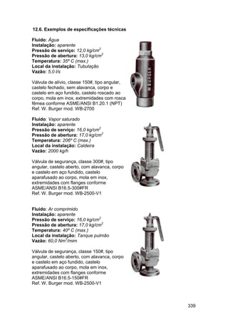 339
12.6. Exemplos de especificações técnicas
Fluido: Água
Instalação: aparente
Pressão de serviço: 12,0 kg/cm2
Pressão de abertura: 13,0 kg/cm2
Temperatura: 35º C (max.)
Local da instalação: Tubulação
Vazão: 5,0 l/s
Válvula de alívio, classe 150#, tipo angular,
castelo fechado, sem alavanca, corpo e
castelo em aço fundido, castelo roscado ao
corpo, mola em inox, extremidades com rosca
fêmea conforme ASME/ANSI B1.20.1 (NPT)
Ref. W. Burger mod. WB-2700
Fluido: Vapor saturado
Instalação: aparente
Pressão de serviço: 16,0 kg/cm2
Pressão de abertura: 17,0 kg/cm2
Temperatura: 206º C (max.)
Local da instalação: Caldeira
Vazão: 2000 kg/h
Válvula de segurança, classe 300#, tipo
angular, castelo aberto, com alavanca, corpo
e castelo em aço fundido, castelo
aparafusado ao corpo, mola em inox,
extremidades com flanges conforme
ASME/ANSI B16.5-300#FR
Ref. W. Burger mod. WB-2500-V1
Fluido: Ar comprimido
Instalação: aparente
Pressão de serviço: 16,0 kg/cm2
Pressão de abertura: 17,0 kg/cm2
Temperatura: 40º C (max.)
Local da instalação: Tanque pulmão
Vazão: 60,0 Nm3
/mim
Válvula de segurança, classe 150#, tipo
angular, castelo aberto, com alavanca, corpo
e castelo em aço fundido, castelo
aparafusado ao corpo, mola em inox,
extremidades com flanges conforme
ASME/ANSI B16.5-150#FR
Ref. W. Burger mod. WB-2500-V1
 