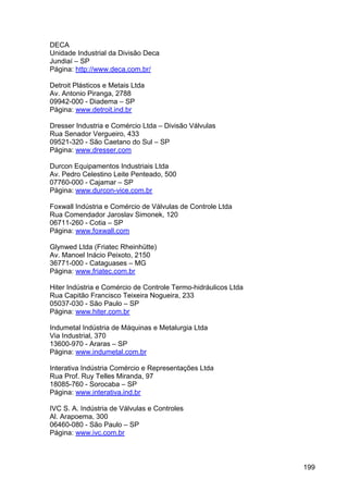 199
DECA
Unidade Industrial da Divisão Deca
Jundiaí – SP
Página: http://www.deca.com.br/
Detroit Plásticos e Metais Ltda
Av. Antonio Piranga, 2788
09942-000 - Diadema – SP
Página: www.detroit.ind.br
Dresser Industria e Comércio Ltda – Divisão Válvulas
Rua Senador Vergueiro, 433
09521-320 - São Caetano do Sul – SP
Página: www.dresser.com
Durcon Equipamentos Industriais Ltda
Av. Pedro Celestino Leite Penteado, 500
07760-000 - Cajamar – SP
Página: www.durcon-vice.com.br
Foxwall Indústria e Comércio de Válvulas de Controle Ltda
Rua Comendador Jaroslav Simonek, 120
06711-260 - Cotia – SP
Página: www.foxwall.com
Glynwed Ltda (Friatec Rheinhütte)
Av. Manoel Inácio Peixoto, 2150
36771-000 - Cataguases – MG
Página: www.friatec.com.br
Hiter Indústria e Comércio de Controle Termo-hidráulicos Ltda
Rua Capitão Francisco Teixeira Nogueira, 233
05037-030 - São Paulo – SP
Página: www.hiter.com.br
Indumetal Indústria de Máquinas e Metalurgia Ltda
Via Industrial, 370
13600-970 - Araras – SP
Página: www.indumetal.com.br
Interativa Indústria Comércio e Representações Ltda
Rua Prof. Ruy Telles Miranda, 97
18085-760 - Sorocaba – SP
Página: www.interativa.ind.br
IVC S. A. Indústria de Válvulas e Controles
Al. Arapoema, 300
06460-080 - São Paulo – SP
Página: www.ivc.com.br
 