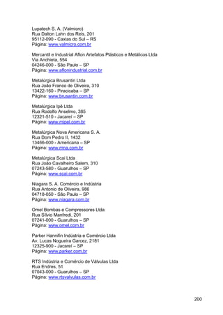 200
Lupatech S. A. (Valmicro)
Rua Dalton Lahn dos Reis, 201
95112-090 - Caxias do Sul – RS
Página: www.valmicro.com.br
Mercantil e Industrial Aflon Artefatos Plásticos e Metálicos Ltda
Via Anchieta, 554
04246-000 - São Paulo – SP
Página: www.aflonindustrial.com.br
Metalúrgica Brusantin Ltda
Rua João Franco de Oliveira, 310
13422-160 - Piracicaba – SP
Página: www.brusantin.com.br
Metalúrgica Ipê Ltda
Rua Rodolfo Anselmo, 385
12321-510 - Jacareí – SP
Página: www.mipel.com.br
Metalúrgica Nova Americana S. A.
Rua Dom Pedro II, 1432
13466-000 - Americana – SP
Página: www.mna.com.br
Metalúrgica Scai Ltda
Rua João Cavalheiro Salem, 310
07243-580 - Guarulhos – SP
Página: www.scai.com.br
Niagara S. A. Comércio e Indústria
Rua Antonio de Oliveira, 986
04718-050 - São Paulo – SP
Página: www.niagara.com.br
Omel Bombas e Compressores Ltda
Rua Sílvio Manfredi, 201
07241-000 - Guarulhos – SP
Página: www.omel.com.br
Parker Hannifin Indústria e Comércio Ltda
Av. Lucas Nogueira Garcez, 2181
12325-900 - Jacareí – SP
Página: www.parker.com.br
RTS Indústria e Comércio de Válvulas Ltda
Rua Endres, 51
07043-000 - Guarulhos – SP
Página: www.rtsvalvulas.com.br
 