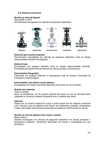 204
2.6. Sistema construtivo.
Quanto ao meio de ligação.
Rosca BSP ou NPT
Normalmente empregadas em válvulas de pequenos diâmetros.
ROSCADA SOQUETADA SOLDA DE TOPO FLANGEADA COM BOLSAS
Solda do tipo encaixe (soquete)
Normalmente empregadas em válvulas de pequenos diâmetros onde se deseja
estanqueidade absoluta nas ligações.
Solda de topo
Empregadas em qualquer diâmetro onde se deseja estanqueidade absoluta.
Empregada principalmente em serviços de altas pressões e temperaturas.
Extremidades flangeadas
Fabricadas em qualquer diâmetro e empregadas onde se deseja a facilidade de
montagem e desmontagem.
Extremidades com bolsas e junta elástica
Empregadas em médios e grandes diâmetros para linhas em ferro fundido.
Quanto aos materiais.
Corpo e castelo:
Deve, de preferência, ser do mesmo material dos tubos em que as válvulas forem
instaladas ou ainda de material compatível com o material dos tubos.
Internos:
Podem ser do mesmo material do corpo e ainda devem ser de material compatível
com o serviço a que se destinam pois devem ser resistentes à pressão, temperatura
e altas velocidades decorrentes da operação de abertura e fechamento da válvula.
Quanto ao meio de ligação entre corpo e castelo.
Rosca interna
Sistema empregado em válvulas de pequenos diâmetros em baixas pressões e
temperatura ambiente. Geralmente fabricadas de bronze e empregadas em uso
doméstico.
 