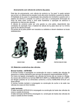 211
Acionamento com válvula de contorno (by pass).
Este tipo de acionamento, com válvula de contorno ou “by pass” é usado sempre
que se tem um diferencial de pressão muito alto entre montante e jusante da válvula.
A finalidade do by pass é a equalização das pressões de montante e jusante com o
objetivo de diminuir a pressão na cunha e com isso a consequente diminuição da
força de atrito entre cunha e anel sede facilitando a operação de abertura e
poupando os internos das válvulas.
A válvula de contorno pode ser uma gaveta ou uma globo, dependendo das
condições de operação mas o material da válvula de by pass deve ser no mínimo
igual ao da válvula principal.
Os pontos de by pass podem ser roscados ou soldados e devem obedecer os locais
estabelecidos.
COM BY-PASS COM BY-PASS PONTOS PARA BY-PASS
2.9. Materiais construtivos das válvulas.
Bronze fundido – ASTM B62
O bronze fundido é empregado na construção do corpo e castelo das válvulas de
pequenos e médios diâmetros para serviços de pequena responsabilidade (WOG).
Os meios de ligação empregados nas válvulas de bronze são as roscas e o flange.
As roscas são conforme as normas NBR 6414 (BSP) ou ASME/ANSI B1.20.1 (NPT).
Os flanges poderão ter as dimensões conforme a norma ASME/ANSI B16.24 com
faces planas.
O bronze fundido também é empregado na construção da cunha e da sede nas
válvulas de corpo em ferro fundido.
Latão laminado.
O latão laminado ASTM B124 é empregado na construção da haste das válvulas de
corpo e castelo de bronze.
O latão laminado ASTM B16 é empregado na construção de hastes das válvulas de
corpo e castelo de ferro fundido.
 
