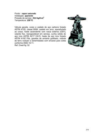 214
Fluido: vapor saturado
Instalação: aparente
Pressão de serviço: 39,6 kgf/cm2
Temperatura: 250 ºC
Válvula gaveta, corpo e castelo de aço carbono forjado
ASTM A105, classe 800#, castelo em arco, aparafusado
ao corpo, haste ascendente com rosca externa (OSY),
volante fixo, reengaxetável em serviço, cunha sólida de
aço inox ASTM A217 CA15, haste de aço inox forjado
ASTM A182 F6a, gaxetas de amianto grafitado, volante
de ferro nodular e extremidades com encaixe para solda
conforme ANSI 16.11.
Ref. Ciwal fig. 52
 