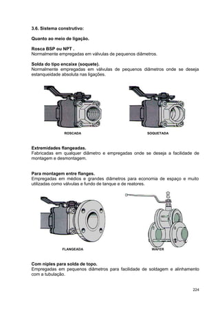 224
3.6. Sistema construtivo:
Quanto ao meio de ligação.
Rosca BSP ou NPT .
Normalmente empregadas em válvulas de pequenos diâmetros.
Solda do tipo encaixe (soquete).
Normalmente empregadas em válvulas de pequenos diâmetros onde se deseja
estanqueidade absoluta nas ligações.
ROSCADA SOQUETADA
Extremidades flangeadas.
Fabricadas em qualquer diâmetro e empregadas onde se deseja a facilidade de
montagem e desmontagem.
Para montagem entre flanges.
Empregadas em médios e grandes diâmetros para economia de espaço e muito
utilizadas como válvulas e fundo de tanque e de reatores.
FLANGEADA WAFER
Com niples para solda de topo.
Empregadas em pequenos diâmetros para facilidade de soldagem e alinhamento
com a tubulação.
 