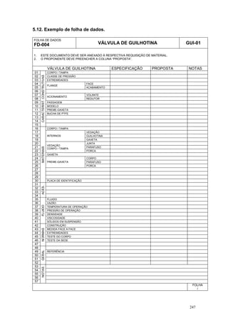 247
5.12. Exemplo de folha de dados.
FOLHA DE DADOS
FD-004 VÁLVULA DE GUILHOTINA GUI-01
1. ESTE DOCUMENTO DEVE SER ANEXADO À RESPECTIVA REQUISIÇÃO DE MATERIAL.
2. O PROPONENTE DEVE PREENCHER A COLUNA “PROPOSTA”.
VÁLVULA DE GUILHOTINA ESPECIFICAÇÃO PROPOSTA NOTAS
01 CORPO / TAMPA
02 CLASSE DE PRESSÃO
03 EXTREMIDADES
04 FACE
05
FLANGE
ACABAMENTO
06
07 VOLANTE
08
ACIONAMENTO
REDUTOR
09 PASSAGEM
10 MODELO
11 PREME-GAXETA
12 BUCHA DE PTFE
13
14
15
CARACTERÍST.CONSTRUTIVAS
16 CORPO / TAMPA
17 VEDAÇÃO
18 GUILHOTINA
19
INTERNOS
GAXETA
20 JUNTA
21 PARAFUSO
22
VEDAÇÃO
CORPO / TAMPA
PORCA
23 GAXETA
24 CORPO
25 PARAFUSO
26
PREME-GAXETA
PORCA
27
28
29
30
MATERIAIS
PLACA DE IDENTIFICAÇÃO
31
32
33
34
ACES.
35 FLUIDO
36 VAZÃO
37 TEMPERATURA DE OPERAÇÃO
38 PRESSÃO DE OPERAÇÃO
39 DENSIDADE
40 VISCOSIDADE
41
FLUIDO
SÓLIDOS EM SUSPENSÃO
42 CONSTRUÇÃO
43 MEDIDA FACE A FACE
44 EXTREMIDADES
45 TESTE DO CORPO
46 TESTE DA SEDE
47
NORMAS
48
49 REFERÊNCIA
50
51
52
GERAL
53
54
55
56
57
NOTAS
FOLHA
/
 