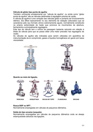 255
Válvula de globo tipo ponta de agulha
Também conhecida simplesmente por “válvula de agulha”, ou ainda como “globo
ponta de agulha” são as válvulas destinadas à regulagem precisa de vazão.
A válvula de agulha é uma variação das válvulas globo e portanto de funcionamento
idêntico. Ela difere basicamente no seu elemento de vedação (obturador) que se
caracteriza pelo seu formato cônico extremamente agudo, normalmente constituído
na própria extremidade da haste que promove os movimentos de abertura,
fechamento e principalmente regulagens.
Este tipo de válvula tem o orifício de passagem bastante reduzido em relação à
bitola da válvula para que se possa obter uma maior precisão nas regulagens de
vazão.
As válvulas de agulha são indicadas para serem utilizadas em aparelhos de
instrumentação de ar comprimido, gases e líquidos homogêneos em geral com baixa
viscosidade.
Quanto ao meio de ligação.
ROSCADA SOQUETADA SOLDA DE TOPO FLANGEADA BOLSAS
Rosca BSP ou NPT .
Normalmente empregadas em válvulas de pequenos diâmetros.
Solda do tipo encaixe (soquete).
Normalmente empregadas em válvulas de pequenos diâmetros onde se deseja
estanqueidade absoluta nas ligações.
 