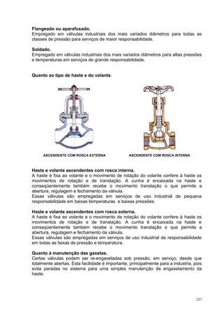257
Flangeado ou aparafusado.
Empregado em válvulas industriais dos mais variados diâmetros para todas as
classes de pressão para serviços de maior responsabilidade.
Soldado.
Empregado em válvulas industriais dos mais variados diâmetros para altas pressões
e temperaturas em serviços de grande responsabilidade.
Quanto ao tipo de haste e do volante.
ASCENDENTE COM ROSCA EXTERNA ASCENDENTE COM ROSCA INTERNA
Haste e volante ascendentes com rosca interna.
A haste é fixa ao volante e o movimento de rotação do volante confere à haste os
movimentos de rotação e de translação. A cunha é encaixada na haste e
conseqüentemente também recebe o movimento translação o que permite a
abertura, regulagem e fechamento da válvula.
Essas válvulas são empregadas em serviços de uso industrial de pequena
responsabilidade em baixas temperaturas e baixas pressões.
Haste e volante ascendentes com rosca externa.
A haste é fixa ao volante e o movimento de rotação do volante confere à haste os
movimentos de rotação e de translação. A cunha é encaixada na haste e
conseqüentemente também recebe o movimento translação o que permite a
abertura, regulagem e fechamento da válvula.
Essas válvulas são empregadas em serviços de uso industrial de responsabilidade
em todas as faixas de pressão e temperatura.
Quanto à manutenção das gaxetas.
Certas válvulas podem ser re-engaxetadas sob pressão, em serviço, desde que
totalmente abertas. Esta facilidade é importante, principalmente para a industria, pois
evita paradas no sistema para uma simples manutenção de engaxetamento da
haste.
 