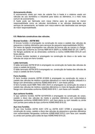 260
Acionamento direto.
O acionamento direto por meio de volante fixo à haste é o sistema usado em
válvulas de uso doméstico e industrial para todos os diâmetros, é o meio mais
comum de acionamento.
A haste pode ser fabricada com rosca interna para os serviços de menor
responsabilidade como as válvulas domiciliares e as válvulas destinadas aos
serviços de saneamento, as hastes com rosca externa são destinadas aos serviços
de maior responsabilidade.
6.9. Materiais construtivos das válvulas.
Bronze fundido – ASTM B62
O bronze fundido é empregado na construção do corpo e castelo das válvulas de
pequenos e médios diâmetros para serviços de pequena responsabilidade (WOG).
Os meios de ligação empregados nas válvulas de bronze são as roscas e o flange.
As roscas são conforme as normas NBR 6414 (BSP) ou ASME/ANSI B1.20.1 (NPT).
Os flanges poderão ter as dimensões conforme a norma ASME/ANSI B16.24 com
faces planas.
O bronze fundido também é empregado na construção do disco e da sede nas
válvulas de corpo em ferro fundido.
Latão laminado.
O latão laminado ASTM B124 é empregado na construção da haste das válvulas de
corpo e castelo de bronze.
O latão laminado ASTM B16 é empregado na construção de hastes das válvulas de
corpo e castelo de ferro fundido.
Ferro fundido.
O ferro fundido cinzento ASTM A126/B é empregado na construção do corpo e
castelo das válvulas de médios e grandes diâmetros e o meio de ligação utilizado é o
flange com dimensões conforme ASME/ANSI B16.1, com faces planas.
O ferro fundido dúctil NBR 7663 (ISO 2531) é empregado na construção do corpo e
castelo das válvulas de médios e grandes diâmetros e o meio de ligação utilizado é o
flange com dimensões conforme ASME/ANSI B16.1, com faces com ressalto.
Aço carbono fundido.
O aço carbono fundido ASTM A216/WCB é empregado na construção do corpo,
castelo e disco das válvulas de médio e grandes diâmetros com extremidades
flangeadas conforme ASME/ANSI B16.5, com face plana ou com ressalto ou ainda
com pontas para solda de topo conforme ASME/ANSI B16.25.
Aço inox fundido.
O aço inox fundido ASTM A351 CF8 ou ASTM A351 CF8M é empregado na
construção do corpo, castelo e disco das válvulas de pequenos e grandes diâmetros
com extremidades flangeadas conforme ASME/ANSI B16.5 com face com ressalto
ou ainda com pontas para solda de topo ASME/ANSI B16.25.
 