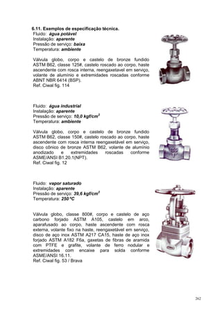 262
6.11. Exemplos de especificação técnica.
Fluido: água potável
Instalação: aparente
Pressão de serviço: baixa
Temperatura: ambiente
Válvula globo, corpo e castelo de bronze fundido
ASTM B62, classe 125#, castelo roscado ao corpo, haste
ascendente com rosca interna, reengaxetavel em serviço,
volante de alumínio e extremidades roscadas conforme
ABNT NBR 6414 (BSP).
Ref. Ciwal fig. 114
Fluido: água industrial
Instalação: aparente
Pressão de serviço: 10,0 kgf/cm2
Temperatura: ambiente
Válvula globo, corpo e castelo de bronze fundido
ASTM B62, classe 150#, castelo roscado ao corpo, haste
ascendente com rosca interna reengaxetável em serviço,
disco cônico de bronze ASTM B62, volante de alumínio
anodizado e extremidades roscadas conforme
ASME/ANSI B1.20.1(NPT).
Ref. Ciwal fig. 12
Fluido: vapor saturado
Instalação: aparente
Pressão de serviço: 39,6 kgf/cm2
Temperatura: 250 ºC
Válvula globo, classe 800#, corpo e castelo de aço
carbono forjado ASTM A105, castelo em arco,
aparafusado ao corpo, haste ascendente com rosca
externa, volante fixo na haste, reengaxetável em serviço,
disco de aço inox ASTM A217 CA15, haste de aço inox
forjado ASTM A182 F6a, gaxetas de fibras de aramida
com PTFE e grafite, volante de ferro nodular e
extremidades com encaixe para solda conforme
ASME/ANSI 16.11.
Ref. Ciwal fig. 53 / Brava
 