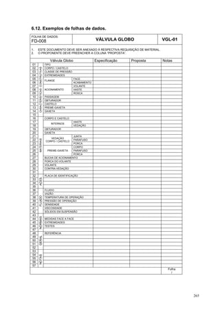 265
6.12. Exemplos de folhas de dados.
FOLHA DE DADOS:
FD-008 VÁLVULA GLOBO VGL-01
1. ESTE DOCUMENTO DEVE SER ANEXADO À RESPECTIVA REQUISIÇÃO DE MATERIAL.
2. O PROPONENTE DEVE PREENCHER A COLUNA “PROPOSTA”.
Válvula Globo Especificação Proposta Notas
01 TIPO
02 CORPO / CASTELO
03 CLASSE DE PRESSÃO
04 EXTREMIDADES
05 FACE
06
FLANGE
ACABAMENTO
07 VOLANTE
08 HASTE
09
ACIONAMENTO
ROSCA
10 PASSAGEM
11 OBTURADOR
12 CASTELO
13 PREME-GAXETA
14 GAXETA
15
CARACTERÍSTICASCONSTRUTIVAS
16 CORPO E CASTELO
17 HASTE
18
INTERNOS
VEDAÇÃO
19 OBTURADOR
20 GAXETA
21 JUNTA
22 PARAFUSO
23
VEDAÇÃO
CORPO / CASTELO
PORCA
24 CORPO
25 PARAFUSO
26
PREME-GAXETA
PORCA
27 BUCHA DE ACIONAMENTO
28 PORCA DO VOLANTE
29 VOLANTE
30 CONTRA-VEDAÇÃO
31
MATERIAIS
32 PLACA DE IDENTIFICAÇÃO
33
34
35
ACES.
36 FLUIDO
37 VAZÃO
38 TEMPERATURA DE OPERAÇÃO
39 PRESSÃO DE OPERAÇÃO
40 DENSIDADE
41 VISCOSIDADE
42
FLUIDO
SÓLIDOS EM SUSPENSÃO
43
44 MEDIDAS FACE A FACE
45 EXTREMIDADES
46 TESTES
47
NORMAS
48 REFERÊNCIA
49
50
51
52
GERAL
53
54
55
56
57
NOTAS
Folha
/
 