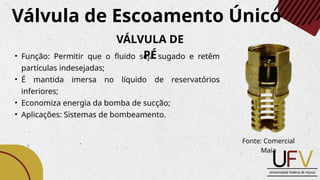 Válvula de Escoamento Único
VÁLVULA DE
PÉ
• Função: Permitir que o fluido seja sugado e retêm
partículas indesejadas;
• É mantida imersa no líquido de reservatórios
inferiores;
• Economiza energia da bomba de sucção;
• Aplicações: Sistemas de bombeamento.
Fonte: Comercial
Maia
 