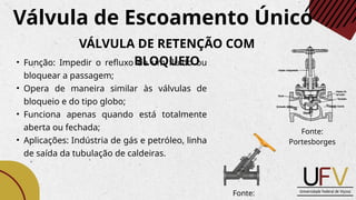 • Função: Impedir o refluxo de um fluido ou
bloquear a passagem;
• Opera de maneira similar às válvulas de
bloqueio e do tipo globo;
• Funciona apenas quando está totalmente
aberta ou fechada;
• Aplicações: Indústria de gás e petróleo, linha
de saída da tubulação de caldeiras.
Válvula de Escoamento Único
VÁLVULA DE RETENÇÃO COM
BLOQUEIO
Fonte:
Fonte:
Portesborges
 