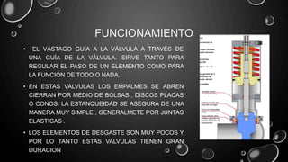 FUNCIONAMIENTO
• EL VÁSTAGO GUÍA A LA VÁLVULA A TRAVÉS DE
UNA GUÍA DE LA VÁLVULA. SIRVE TANTO PARA
REGULAR EL PASO DE UN ELEMENTO COMO PARA
LA FUNCIÓN DE TODO O NADA.
• EN ESTAS VALVULAS LOS EMPALMES SE ABREN
CIERRAN POR MEDIO DE BOLSAS , DISCOS PLACAS
O CONOS. LA ESTANQUEIDAD SE ASEGURA DE UNA
MANERA MUY SIMPLE , GENERALMETE POR JUNTAS
ELASTICAS .
• LOS ELEMENTOS DE DESGASTE SON MUY POCOS Y
POR LO TANTO ESTAS VALVULAS TIENEN GRAN
DURACION
 