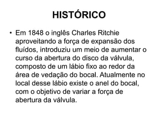 HISTÓRICO
• Em 1848 o inglês Charles Ritchie
aproveitando a força de expansão dos
fluídos, introduziu um meio de aumentar o
curso da abertura do disco da válvula,
composto de um lábio fixo ao redor da
área de vedação do bocal. Atualmente no
local desse lábio existe o anel do bocal,
com o objetivo de variar a força de
abertura da válvula.
 