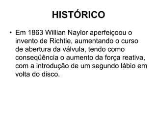 HISTÓRICO
• Em 1863 Willian Naylor aperfeiçoou o
invento de Richtie, aumentando o curso
de abertura da válvula, tendo como
conseqüência o aumento da força reativa,
com a introdução de um segundo lábio em
volta do disco.
 