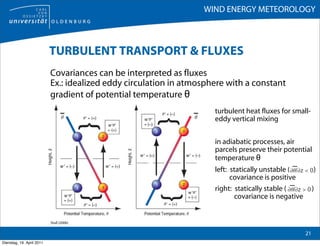 WIND ENERGY METEOROLOGY



                           TURBULENT TRANSPORT & FLUXES
                           Covariances can be interpreted as fluxes
                           Ex.: idealized eddy circulation in atmosphere with a constant
                           gradient of potential temperature θ
                                                                     turbulent heat fluxes for small-
                                                                     eddy vertical mixing


                                                                     in adiabatic processes, air
                                                                     parcels preserve their potential
                                                                     temperature θ
                                                                     left: statically unstable (          )
                                                                           covariance is positive
                                                                     right: statically stable (           )
                                                                            covariance is negative


                           Stull (2006)

                                                                                                     21
Dienstag, 19. April 2011
 