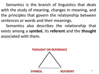 Semantics is the branch of linguistics that deals
with the study of meaning, changes in meaning, and
the principles that govern the relationship between
sentences or words and their meanings.
Semantics also describes the relationship that
exists among a symbol, its referent and the thought
associated with them.
34
THOUGHT OR REFERENCE
------------------------------
SYMBOL REFERENT
 