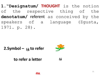 35
பூ
1.“Designatum/ THOUGHT is the notion
of the respective thing of the
denotatum/ referent as conceived by the
speakers of a language (Zgusta,
1971. p. 28).
2.Symbol – பூ to refer
to refer a letter
dog
 