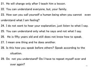 21. He will change only after I teach him a lesson.
22. You can understand everyone, but, your family.
23. How can you call yourself a human being when you cannot even
understand what I am feeling?
24. I do not want to hear your explanation, just listen to what I say.
25. You can understand only what he says and not what I say.
26. He is fifty years old and still does not know how to speak.
27. I mean one thing and he does another.
28. Is this how you speak before others? Speak according to the
situation.
29. Do not you understand? Do I have to repeat myself over and
over again? 49
 