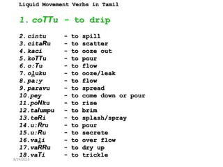 Liquid Movement Verbs in Tamil
1. coTTu - to drip
2.cintu - to spill
3.citaRu - to scatter
4.kaci - to ooze out
5.koTTu - to pour
6.o:Tu - to flow
7.oluku - to ooze/leak
8.pa:y - to flow
9.paravu - to spread
10.pey - to come down or pour
11.poNku - to rise
12.talumpu - to brim
13.teRi - to splash/spray
14.u:Rru - to pour
15.u:Ru - to secrete
16.vali - to over flow
17.vaRRu - to dry up
18.vaTi - to trickle
8/24/2016
 