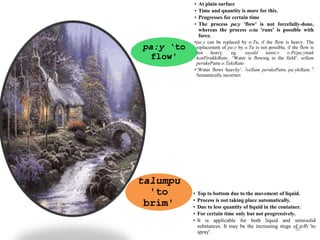 80
pa:y ‘to
flow'
• At plain surface
• Time and quantity is more for this.
• Progresses for certain time
• The process pa:y 'flow' is not forcefully-done,
whereas the process o:tu 'runs' is possible with
force.
•pa:y can be replaced by o:Tu, if the flow is heavy. The
replacement of pa:y by o:Tu is not possible, if the flow is
not heavy. eg. vayalil tanni:r o:Pi/pa:yntuk
konPirukkiRatu.. ‘Water is flowing in the field’. vellam
perukePuttu o:TukiRatu
•‘Water flows heavily’. *vellam perukePuttu pa:ykiRatu *
Semantically incorrect
talumpu
'to
brim'
• Top to bottom due to the movement of liquid.
• Process is not taking place automatically.
• Due to less quantity of liquid in the container.
• For certain time only but not progressively.
• It is applicable for both liquid and semisolid
substances. It may be the increasing stage of teRi 'to
spray'.
 