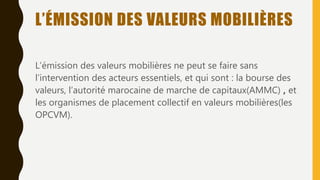 L’ÉMISSION DES VALEURS MOBILIÈRES
L’émission des valeurs mobilières ne peut se faire sans
l’intervention des acteurs essentiels, et qui sont : la bourse des
valeurs, l’autorité marocaine de marche de capitaux(AMMC) , et
les organismes de placement collectif en valeurs mobilières(les
OPCVM).
 