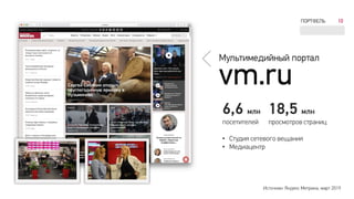 6,6 млн
посетителей
18,5 млн
просмотров страниц
Источник: Яндекс Метрика, март 2019
ПОРТФЕЛЬ 10
• Студия сетевого вещания
• Медиацентр
 