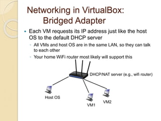 Networking in VirtualBox:
Bridged Adapter
 Each VM requests its IP address just like the host
OS to the default DHCP serv...