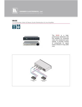 VM-9S
1:2 Composite Video & Stereo Audio Distribution & Line Amplifier




                                                             The VM-9S is a high-
                                                             performance distribution and
                                                             line amplifier for composite
                                                             video and unbalanced audio
                                                             signals. It provides controls
                                                             to compensate for signal
                                                             losses inherent in long cable
                                                             runs.
 