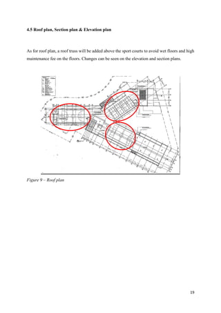19
4.5 Roof plan, Section plan & Elevation plan
As for roof plan, a roof truss will be added above the sport courts to avoid wet floors and high
maintenance fee on the floors. Changes can be seen on the elevation and section plans.
Figure 9 – Roof plan
 