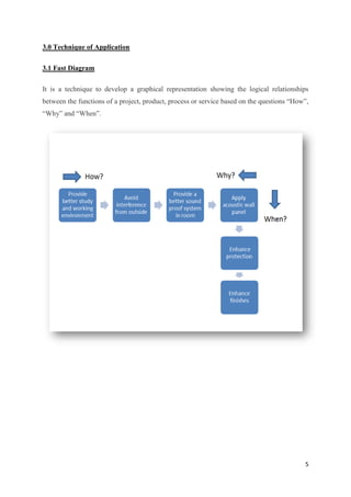 5
3.0 Technique of Application
3.1 Fast Diagram
It is a technique to develop a graphical representation showing the logical relationships
between the functions of a project, product, process or service based on the questions “How”,
“Why” and “When”.
 