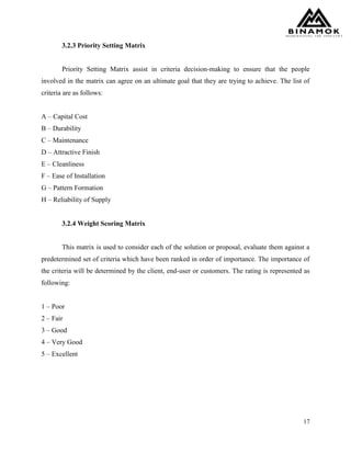 17
3.2.3 Priority Setting Matrix
Priority Setting Matrix assist in criteria decision-making to ensure that the people
involved in the matrix can agree on an ultimate goal that they are trying to achieve. The list of
criteria are as follows:
A – Capital Cost
B – Durability
C – Maintenance
D – Attractive Finish
E – Cleanliness
F – Ease of Installation
G – Pattern Formation
H – Reliability of Supply
3.2.4 Weight Scoring Matrix
This matrix is used to consider each of the solution or proposal, evaluate them against a
predetermined set of criteria which have been ranked in order of importance. The importance of
the criteria will be determined by the client, end-user or customers. The rating is represented as
following:
1 – Poor
2 – Fair
3 – Good
4 – Very Good
5 – Excellent
 