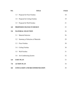 NO. TITLE PAGE
3.3 Proposal for Floor Finishes 18
3.4 Proposal for Ceiling Finishes 19
3.5 Proposal for Wall Finishes 21
4.0 PROPOSED CHANGE IN DESIGN 23
5.0 MATERIAL SELECTION 26
5.1 Material Selection 26
5.2 Summary of Selection of Materials 29
5.3 Floor Finishes 30
5.4 Ceiling Finishes 30
5.5 Wall Finishes 31
5.6 Air-Conditioning System 32
6.0 COST PLAN 33
7.0 ACTION PLAN 34
8.0 CONCLUSION AND RECOMMENDATION 38
 