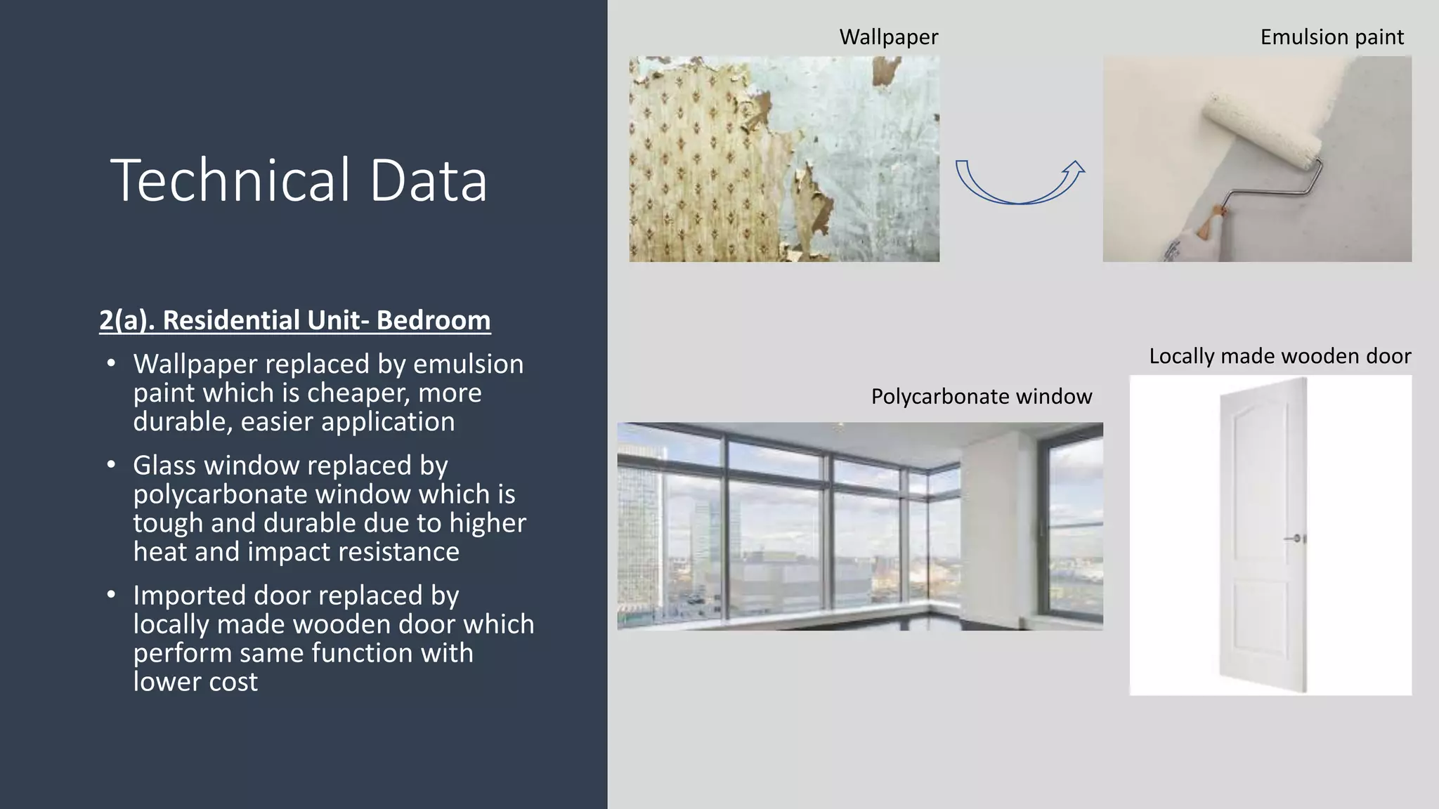 2(a). Residential Unit- Bedroom
• Wallpaper replaced by emulsion
paint which is cheaper, more
durable, easier application
• Glass window replaced by
polycarbonate window which is
tough and durable due to higher
heat and impact resistance
• Imported door replaced by
locally made wooden door which
perform same function with
lower cost
Technical Data
Wallpaper Emulsion paint
Polycarbonate window
Locally made wooden door
 