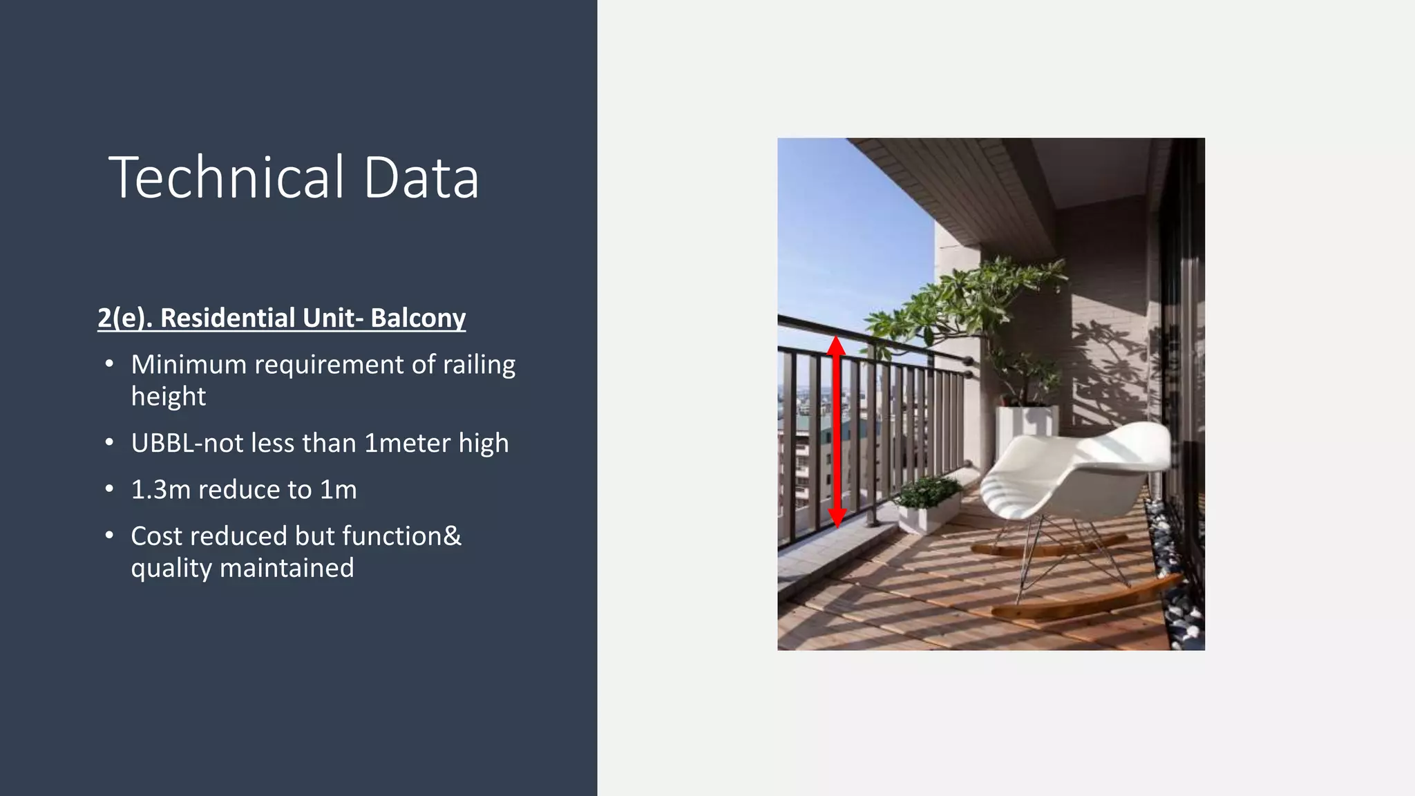 2(e). Residential Unit- Balcony
• Minimum requirement of railing
height
• UBBL-not less than 1meter high
• 1.3m reduce to 1m
• Cost reduced but function&
quality maintained
Technical Data
 