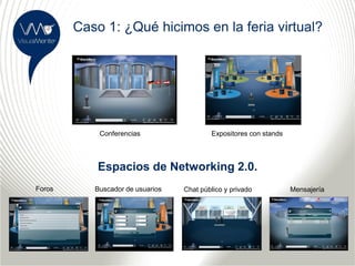 Caso 1: ¿Qué hicimos en la feria virtual?




            Conferencias                  Expositores con stands




            Espacios de Networking 2.0.
Foros      Buscador de usuarios   Chat público y privado           Mensajería
 