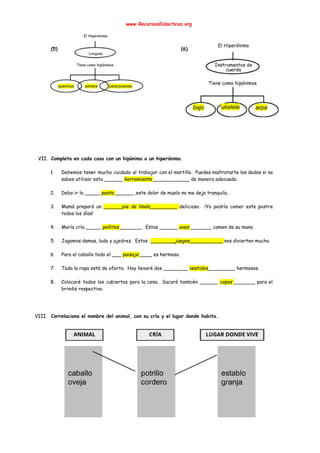  
www.RecursosDidacticos.org 
 
 
 
(5) (6)  
 
 
 
 
 
 
 
 
 
 
 
 
 
 
 
VII. Completa en cada caso con un hipónimo o un hiperónimo. 
 
1. Debemos tener mucho cuidado al trabajar con el martillo. Puedes maltratarte los dedos si no                             
sabes utilizar esta ______ ​herramienta ​____________ de manera adecuada. 
 
2. Debo ir la _____ ​posta ​______ ,este dolor de muela no me deja tranquila. 
 
3. Mamá preparó un ​______pie de limón_________ ​delicioso. ¡Yo podría comer este postre                       
todos los días! 
 
4. María cría _____ ​pollitos ​_______. Estas ______ ​aves ​_______ comen de su mano. 
 
5. Jugamos damas, ludo y ajedrez. Estos ​________juegos___________ ​nos divierten mucho. 
 
6. Para el caballo todo el ___ ​paisaje ​____ es hermoso. 
 
7. Toda la ropa está de oferta. Hoy llevaré dos ________ ​vestidos​_________ hermosos. 
 
8. Colocaré todos los cubiertos para la cena. Sacaré también ______ ​copas ​_______ para el                           
brindis respectivo. 
 
 
 
VIII. Correlaciona el nombre del animal, con su cría y el lugar donde habita. 
 
 
 
 
1. lobo potro cubil 
2. pájaro ternero madriguera 
3. caballo lechón aguas borrosas 
4. rana lobezno estanque 
5. vaca polluelo establo 
6. jabalí lebrato nido 
7. chancho renacuajo caballeriza 
8. liebre jabato 
 
 
 
 
 
