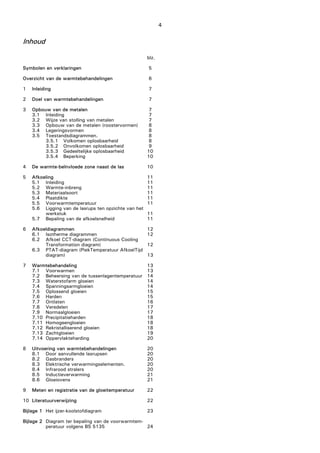 4
Inhoud
Symbolen en verklaringen
Overzicht van de warmtebehandelingen
1 Inleiding
2 Doel van warmtebehandelingen
3 Opbouw van de metalen
3.1 Inleiding
3.2 Wijze van stolling van metalen
3.3 Opbouw van de metalen (roostervormen)
3.4 Legeringsvormen
3.5 Toestandsdiagrammen.
3.5.1 Volkomen oplosbaarheid
3.5.2 Onvolkomen oplosbaarheid
3.5.3 Gedeeltelijke oplosbaarheid
3.5.4 Beperking
4 De warmte-beïnvloede zone naast de las
5 Afkoeling
5.1 Inleiding
5.2 Warmte-inbreng
5.3 Materiaalsoort
5.4 Plaatdikte
5.5 Voorwarmtemperatuur
5.6 Ligging van de lasrups ten opzichte van het
werkstuk
5.7 Bepaling van de afkoelsnelheid
6 Afkoeldiagrammen
6.1 Isotherme diagrammen
6.2 Afkoel CCT-diagram (Continuous Cooling
Transformation diagram)
6.3 PTAT-diagram (PiekTemperatuur AfkoelTijd
diagram)
7 Warmtebehandeling
7.1 Voorwarmen
7.2 Beheersing van de tussenlagentemperatuur
7.3 Waterstofarm gloeien
7.4 Spanningsarmgloeien
7.5 Oplossend gloeien
7.6 Harden
7.7 Ontlaten
7.8 Veredelen
7.9 Normaalgloeien
7.10 Precipitatieharden
7.11 Homogeengloeien
7.12 Rekristalliserend gloeien
7.13 Zachtgloeien
7.14 Oppervlakteharding
8 Uitvoering van warmtebehandelingen
8.1 Door aanvullende lasrupsen
8.2 Gasbranders
8.3 Elektrische verwarmingselementen.
8.4 Infrarood stralers
8.5 Inductieverwarming
8.6 Gloeiovens
9 Meten en registratie van de gloeitemperatuur
10 Literatuurverwijzing
Bijlage 1 Het ijzer-koolstofdiagram
Bijlage 2 Diagram ter bepaling van de voorwarmtem-
peratuur volgens BS 5135
blz.
5
6
7
7
7
7
7
8
8
8
8
9
10
10
10
11
11
11
11
11
11
11
11
12
12
12
13
13
13
14
14
14
15
15
16
17
17
18
18
18
19
20
20
20
20
20
20
21
21
22
22
23
24
 