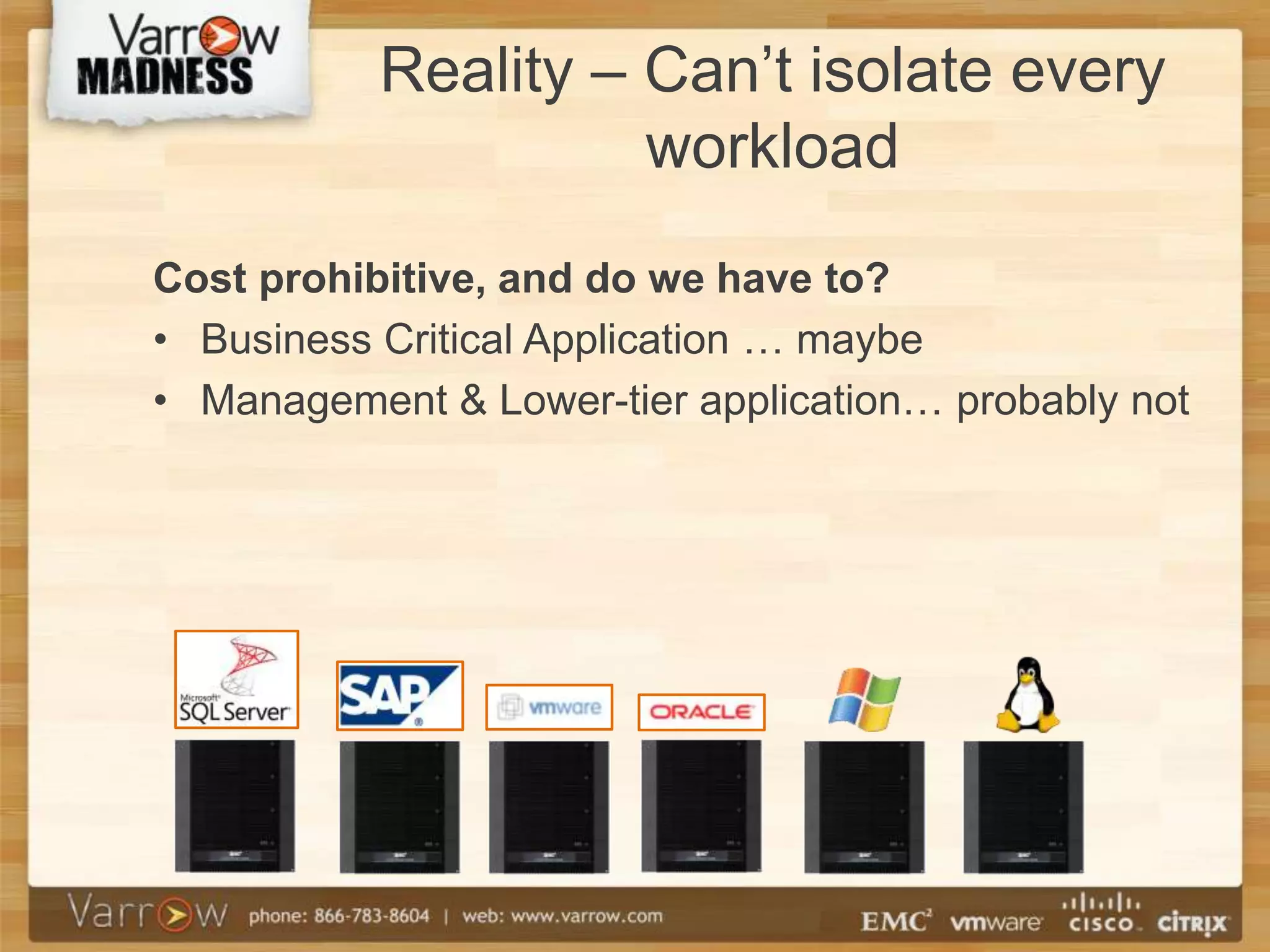 Reality – Can’t isolate every
                     workload
Cost prohibitive, and do we have to?
• Business Critical Application … maybe
• Management & Lower-tier application… probably not
 