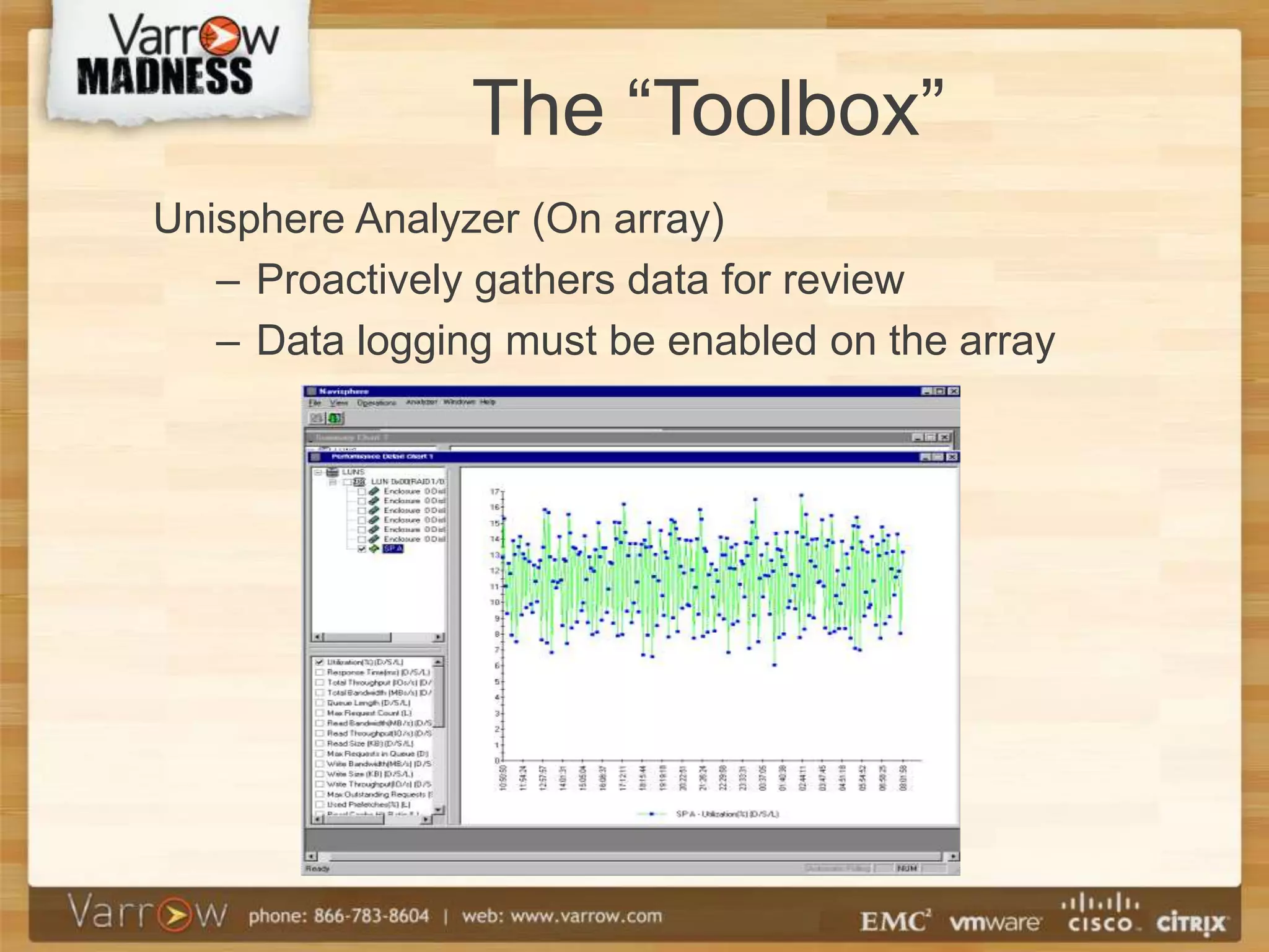 The “Toolbox”
Unisphere Analyzer (On array)
   – Proactively gathers data for review
   – Data logging must be enabled on the array
 
