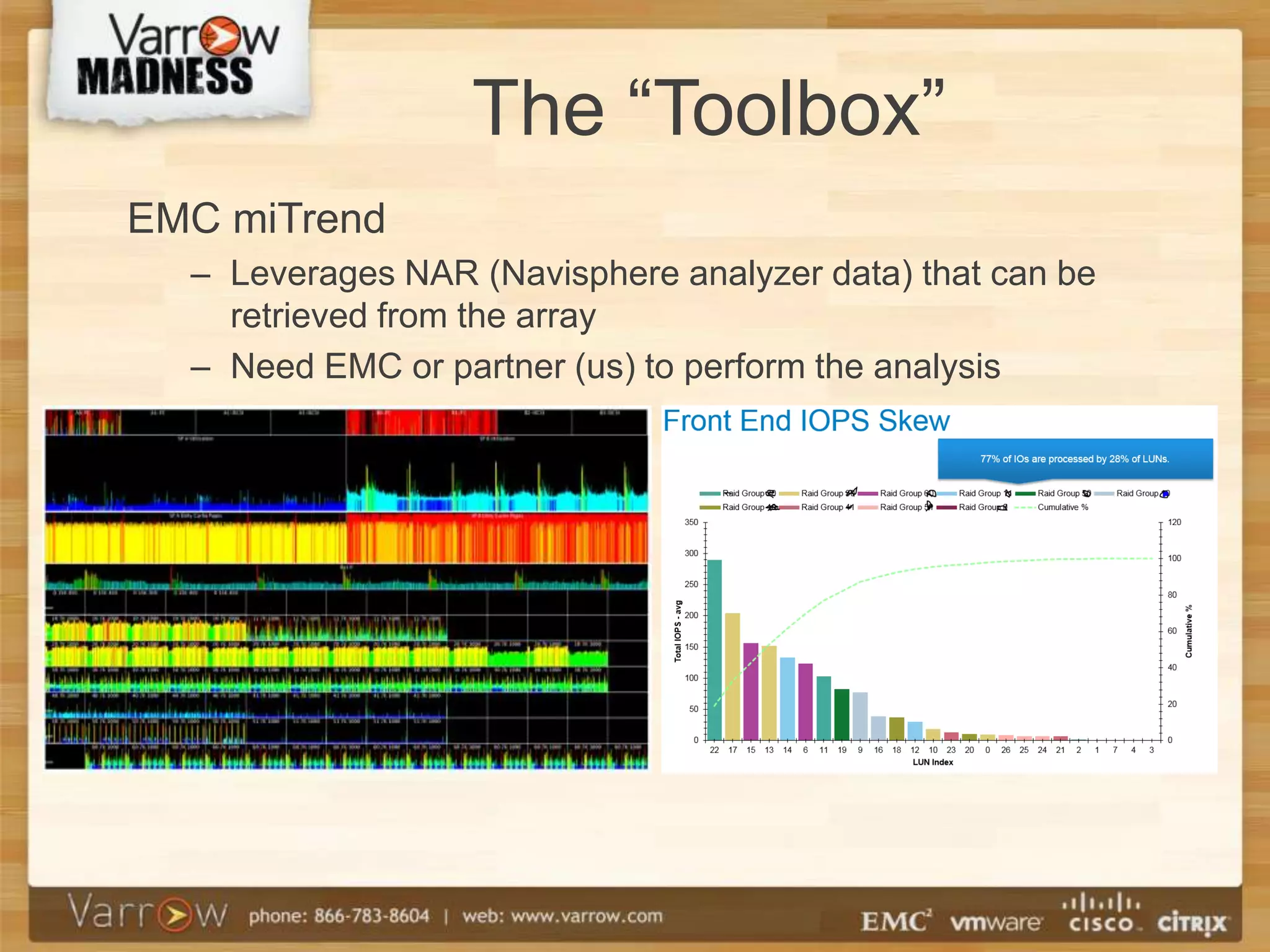 The “Toolbox”
EMC miTrend
  – Leverages NAR (Navisphere analyzer data) that can be
    retrieved from the array
  – Need EMC or partner (us) to perform the analysis
 