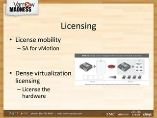 Licensing
• License mobility
– SA for vMotion
• Dense virtualization
licensing
– License the
hardware
 