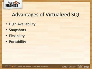 Advantages of Virtualized SQL
• High Availability
• Snapshots
• Flexibility
• Portability
 