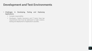 Development andTest Environments
• Challenges in Developing, Testing and Deploying
Applications:
• Complex responsibility.
• Developers, Quality Assurance and IT teams have key
requirements that must be addressed to make creation,
testing and deployment of applications possible.
14
 