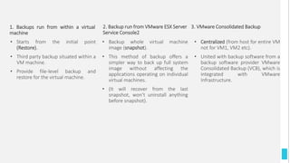 2. Backup run from VMware ESX Server
Service Console2
• Starts from the initial point
(Restore).
• Third party backup situated within a
VM machine.
• Provide file-level backup and
restore for the virtual machine.
• Backup whole virtual machine
image (snapshot).
• This method of backup offers a
simpler way to back up full system
image without affecting the
applications operating on individual
virtual machines.
• (It will recover from the last
snapshot, won’t uninstall anything
before snapshot).
• Centralized (from host for entire VM
not for VM1, VM2 etc).
• United with backup software from a
backup software provider VMware
Consolidated Backup (VCB), which is
integrated with VMware
Infrastructure.
3. VMware Consolidated Backup1. Backups run from within a virtual
machine
 