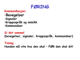 FØRING Kommunikasjon: Bevegelser Signaler Kroppsspråk og mimikk Kommandoer Si det samme! (bevegelser, signaler, kroppsspråk, kommandoer) Timing Hunden må vite hva den skal – FØR den skal dit!  