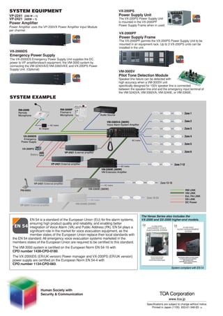 SYSTEM EQUIPMENT                                                                                      VX-200PS
VP-2241   (240 W × 1)                                                                                 Power Supply Unit
VP-2421   (420W × 1)                                                                                  The VX-200PS Power Supply Unit
Power Amplifier                                                                                       is mounted in the VX-2000PF
                                                                                                      Power Supply Frame when in used.
Power Amplifier uses the VP-200VX Power Amplifier Input Module
per channel.
                                                                                                      VX-2000PF
                                                                                                      Power Supply Frame
                                                                                                      The VX-2000PF permits the VX-200PS Power Supply Unit to be
                                                                                                      mounted in an equipment rack. Up to 3 VX-200PS units can be
                                                                                                      installed in the unit.
VX-2000DS
Emergency Power Supply
The VX-2000DS Emergency Power Supply Unit supplies the DC
power to VP amplifiersteach equipment, the VM-3000 system by
connecting the VM-3240VA/E/VM-3360VA/E and VX-200PS Power
Supply Unit. (Optional)
                                                                                                      VM-300SV
                                                                                                      Pilot Tone Detection Module
                                                                                                      Speaker line failure can be detected with
                                                                                                      high accuracy when a VM-300SV unit
                                                                                                      specifically designed for 100V speaker line is connected
                                                                                                      between the speaker line end and the emergency input terminal of
                                                                                                      the VM-3240VA, VM-3360VA, VM-3240E, or VM-3360E.
SYSTEM EXAMPLE

      RM-200M                                     RM-300MF
      Remote                                      Fireman,s                                                                                                        Zone 1
      Microphone                                  Microphone                           Audio Source

                                                                                            VM-3360VA (360W)                                                       Zone 2
                                       AC mains                                             Voice Alarm System Amplifier
                          AC Adapter                                                                                                                               Zone 3

         VX-2000DS                                                                                                                                                 Zone 4
          Emergency                                                                                                AC mains
        Power Supply
                                                                                                                                                                   Zone 5
         VX-200PS
                                                     VP-2421 External amplifier                                                                                    Zone 6
                Battery


                                       VP-2421 External amplifier                                                                                          Zone 7-12
                                                                                                        AC mains
                                                                                       VM-3360E (360W)
                                                                                       VM Extension Amplifier



                    VP-2421 External amplifier                                                                                                Zone 13-18
                                                                                          AC mains
                                                                          VM-3360E (360W)                                                                              RM LINK
       PM-660U
                                                                                                                                                                       VM LINK
                                                                                                                                                                       Ext. PA LINK
                                                                                                                                 Zone 19-24                            DS LINK
                                                                            AC mains
                                                                                                                                                                       DC Power
                                                               VM-3240E (240W)
       VP-2241 External amplifier



                                                                                                                              The Venas Series also includes the
             EN 54 is a standard of the European Union (EU) for fire alarm systems,                                           VX-2000 and SX-2000 higher-end models.
             ensuring high product quality and reliability, and enabling better
             integration of Voice Alarm (VA) and Public Address (PA). EN 54 plays a
             significant role in the market for voice evacuation equipment, as the
             member states of the European Union replace their local standards with
  the EN 54 standard. All emergency voice evacuation systems marketed in the
  members states of the European Union are required to be certified to this standard.
  The VM-3000 system is certified on the European Norm EN 54-16 with
  CPD number 1438-CPD-0180.
  The VX-2000DS (ER/UK version) Power manager and VX-200PS (ER/UK version)
  power supply are certified on the European Norm EN 54-4 with
  CPD number 1134-CPD-083.
                                                                                                                                                       System compliant with EN 54




                           Human Society with
                           Security & Communication                                                                                           TOA Corporation
                                                                                                                                                     www.toa.jp
                                                                                                                                 Specifications are subject to change without notice.
                                                                                                                                    Printed in Japan (1105) 833-61-348-0D u
 